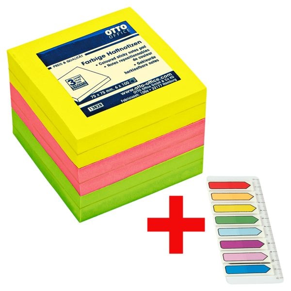 6x OTTO Office bloc de notes repositionnables Flches 7,5 x 7,5 cm, 600 feuilles au total, couleurs assorties avec Marque-pages  Flches  45 x 12 mm