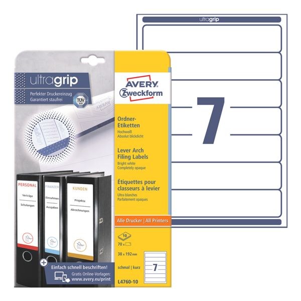 Avery Zweckform tiquettes classeurs L4760-10 38 x 192 mm - 70 pices adhsion permanente