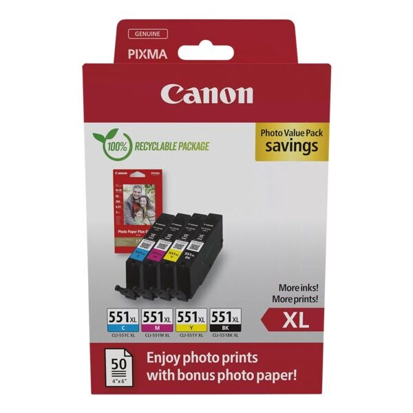 Canon Value Pack : lot de cartouches d'encre  CLI-551 XL BK/C/M/Y  avec 50 feuilles de papier photo 10x15 cm