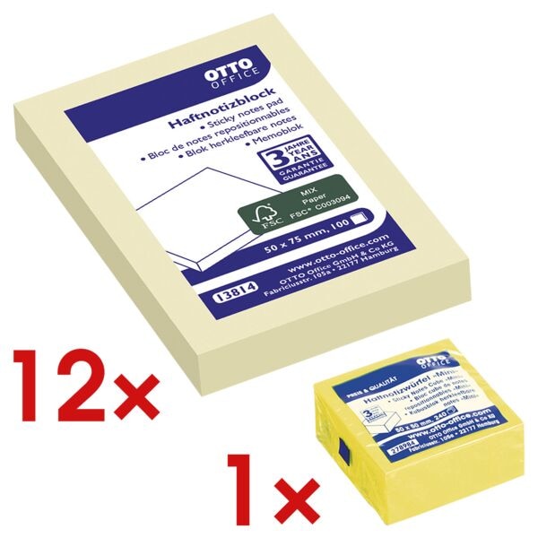 12x OTTO Office bloc de notes repositionnables 7,5 x 5 cm, 1200 feuilles au total, jaune avec Bloc cube de notes repositionnables 50x50 mm « Mini » jaune brillant 12x OTTO Office bloc de notes repositionnables 7,5 x 5 cm, 1200 feuilles au total, jaune avec Bloc cube de notes repositionnables 50x50 mm « Mini » jaune brillant