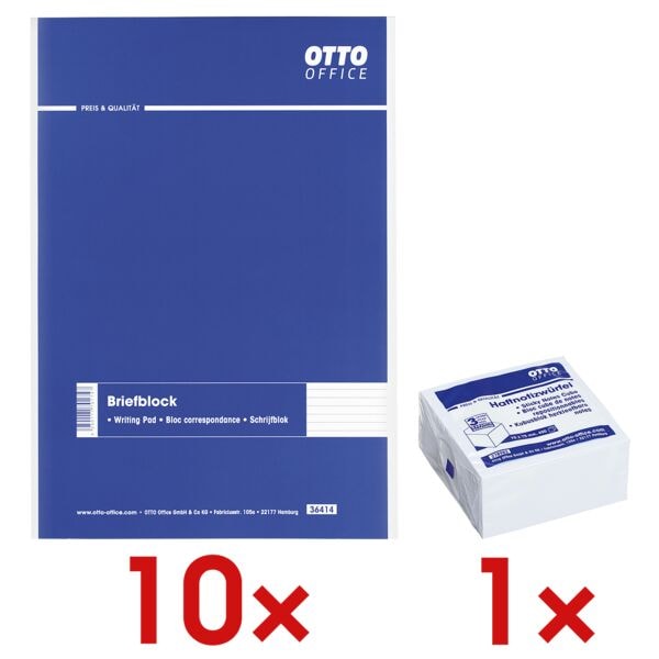 10x OTTO Office bloc de correspondance, lign, 500 feuille(s) avec Bloc cube de notes repositionnables blanc 75x75 mm 400 feuilles