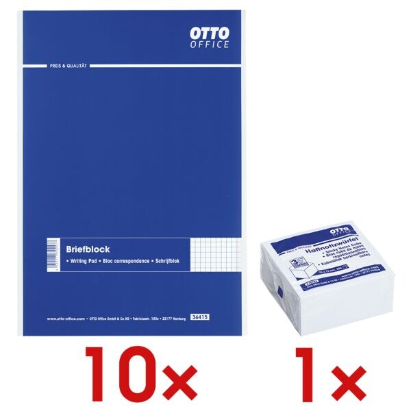10x OTTO Office bloc de correspondance, A4,  carreaux, 50 feuille(s) avec Bloc cube de notes repositionnables blanc 75x75 mm 400 feuilles