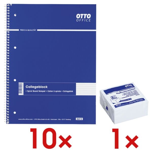 10x OTTO Office cahier  spirale A4 lign, 80 feuille(s) avec Bloc cube de notes repositionnables blanc 75x75 mm 400 feuilles