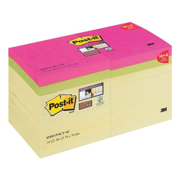14+4 Post-it Super Sticky bloc de notes repositionnables notes 654SS-P14CY+4C 7,6 x 7,6 cm, 1620 feuilles au total, couleurs assorties