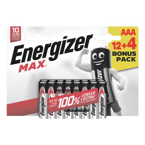 Energizer Paquet de 16 piles  Max Alkaline  Micro / AAA  paquet promotionnel 12 + 4