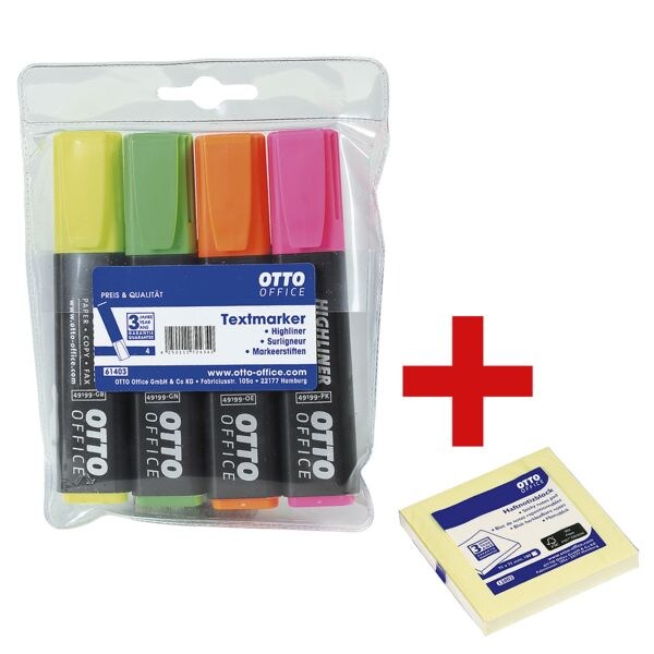4x OTTO Office Surligneur Highliner pointe biseautée avec Bloc de notes repositionnables 75 x 75 mm jaune 4x OTTO Office Surligneur Highliner pointe biseautée avec Bloc de notes repositionnables 75 x 75 mm jaune