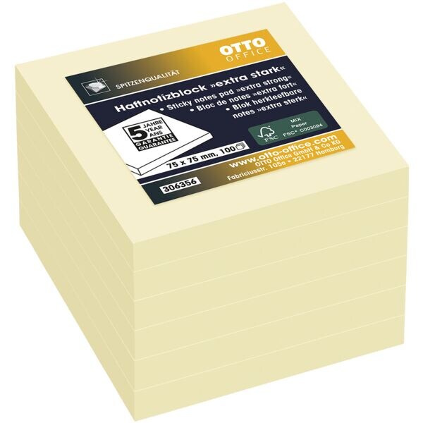 6x OTTO Office Premium bloc de notes repositionnables ultra fort 7,5/7,5 cm, 600 feuilles au total, jaune