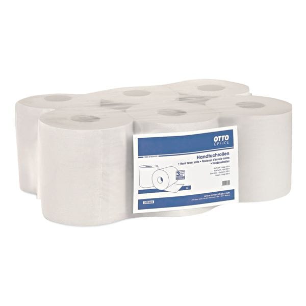 6x rouleau d'essuie-mains OTTO Office, 1 paisseur, blanc, 19 cm x 300 m en papier recycl, droulement intrieur/extrieur