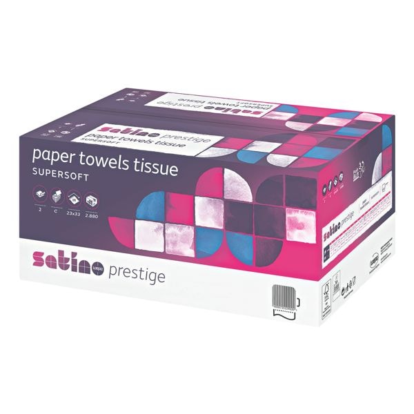 Essuie-mains en papier Satino prestige 2 paisseurs, blanc, 23 cm x 32 cm de Cellulose avec pliage en C - 2880 feuilles au total