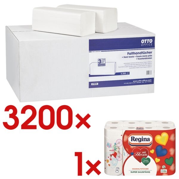 Essuie-mains en papier OTTO Office 2 paisseurs, blanc, 25 cm x 23 cm de Ouate de cellulose avec pliage en Z - 3200 feuilles au total avec Rouleaux d'essuie-tout  Avec cur  triple paisseur, 8 rouleaux