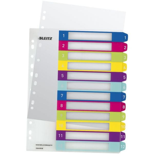 LEITZ intercalaires WOW, A4 extra large, 1-12 12 divisions, blanc / onglets multicolores, plastique