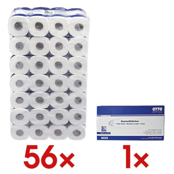 OTTO Office papier toilette Standard 3 paisseurs, blanc - 56 rouleaux (7 paquets de 8 rouleaux) avec Bote  mouchoirs, 90 mouchoirs