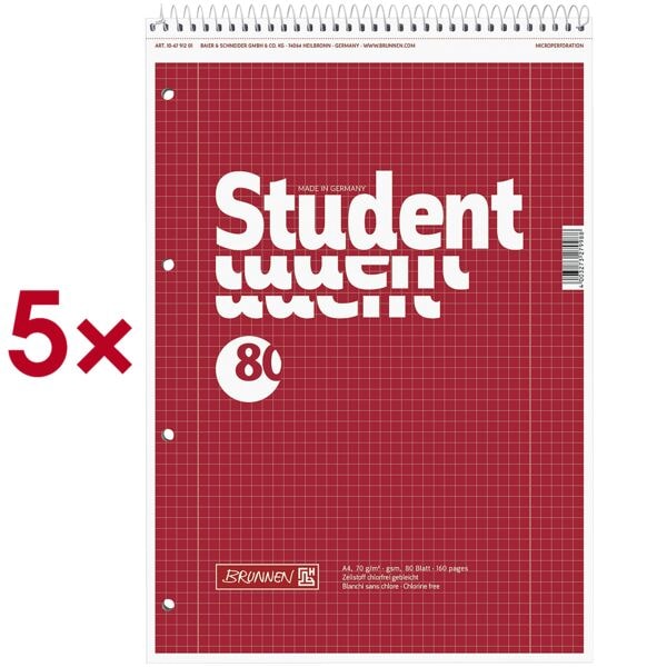 5x bloc-notes Brunnen Student A4 � carreaux, 80 feuille(s)