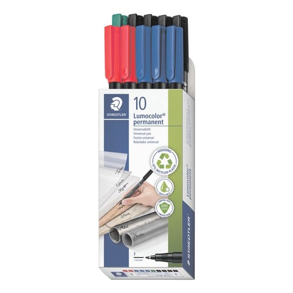 STAEDTLER marqueur indlbile paquet de de 10 stylos universels  Lumocolor permanent pen 318  - pointe ogive, Epaisseur de trait 0,6 mm (F)