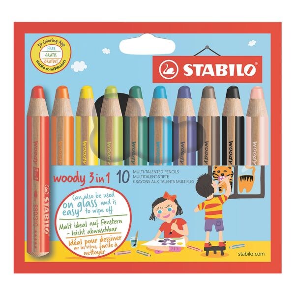 STABILO Paquet de 10 crayons de couleur  Woody 3 en 1 