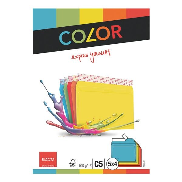enveloppes ELCO Color 5 couleurs, C5 100 g/m sans fentre, fermeture  bande adhsive - 20 pice(s)