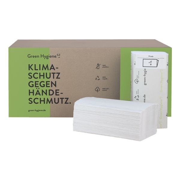 Essuie-mains en papier Green Hygiene Frieda produit neutre en CO₂ 2 paisseurs, blanc, 25 cm x 23 cm de Ouate de cellulose 100% papier recycl avec pliage en Z - 4000 feuilles au total