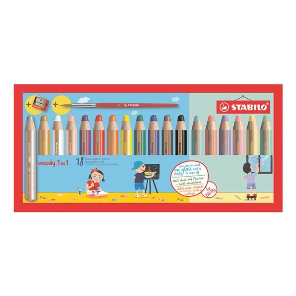 STABILO Lot de 18 crayons de couleur  woody 3-en-1  avec taille-crayon et pinceau