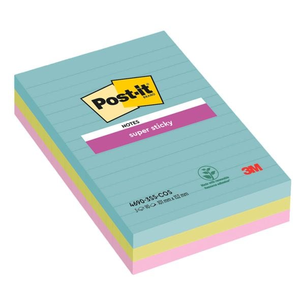 3x Post-it Super Sticky bloc de notes repositionnables Cosmic Collection à lignes 10,1 x 15,2 cm, 270 feuilles au total 4690-3SS-COS