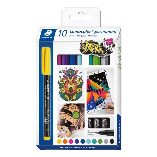 10x STAEDTLER Feutres universels Lumocolor® 318 C10 (10 couleurs) permanent F - pointe ogive, Epaisseur de trait 0,6 mm (F)