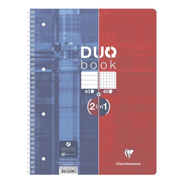 Clairefontaine cahier  spirale DUO A4+  carreaux et lign, 80 feuille(s), sans bordure