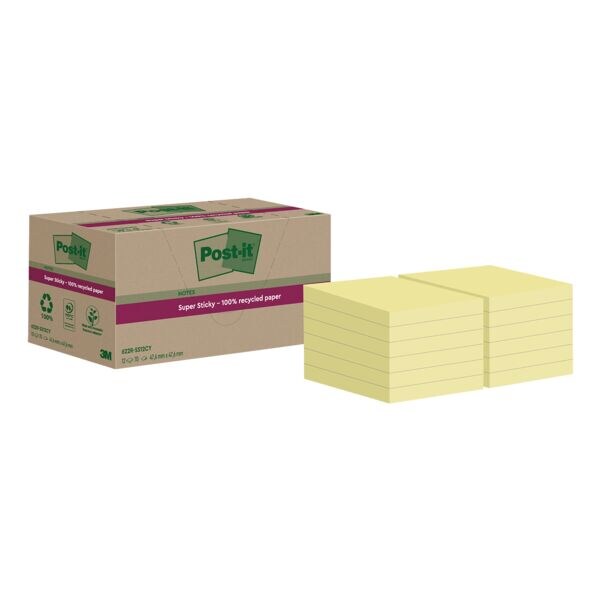 Post-it Super Sticky Recycling notes repositionnables Super Sticky Recycling Notes 4,76 x 4,76 cm, 840 feuilles au total, jaune