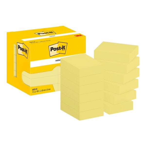 12x Post-it Notes bloc de notes repositionnables notes 653 5,1 x 3,8 cm, 1200 feuilles au total, jaune