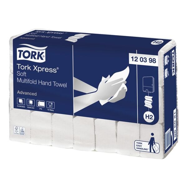 Essuie-mains en papier Tork Xpress® Soft Multifold Advanced H2 2 épaisseurs, blanc, 21,2 cm x 25,5 cm de 100 % fibres recyclés avec pliage en I - 3780 feuilles au total