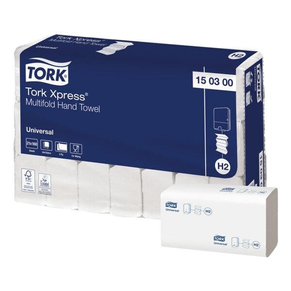 Essuie-mains en papier Tork Xpress® Universal H2 2 épaisseurs, blanc, 19,6 cm x 34 cm de 100 % fibres recyclés - 3360 feuilles au total