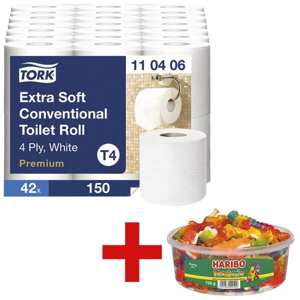 Tork papier toilette Premium Extra Soft 4 épaisseurs, blanc - 42 rouleaux (7 paquets de 6 rouleaux) avec Bonbons gélifiés « Phantasia » Party Box 750 g Tork papier toilette Premium Extra Soft 4 épaisseurs, blanc - 42 rouleaux (7 paquets de 6 rouleaux) avec Bonbons gélifiés « Phantasia » Party Box 750 g
