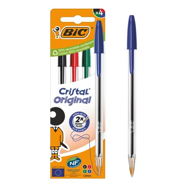 Lot de stylo-bille BIC Cristal® Original 4 couleurs, convenant aux documents officiels (noir / bleu / vert)