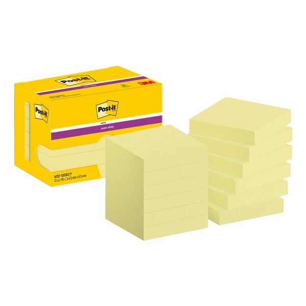Post-it Super Sticky bloc de notes repositionnables Super Sticky Notes 4,8 x 4,8 cm, 1080 feuilles au total, jaune 622-12SSCY