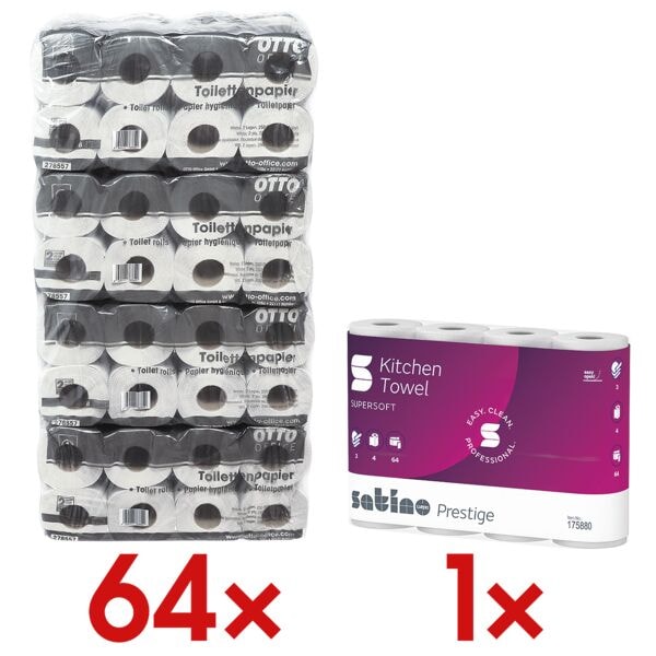 OTTO Office Budget papier toilette 2 paisseurs, blanc nature - 64 rouleaux (8 paquets de 8 rouleaux) avec Rouleaux d'essuie-tout triple paisseur, 4 rouleaux