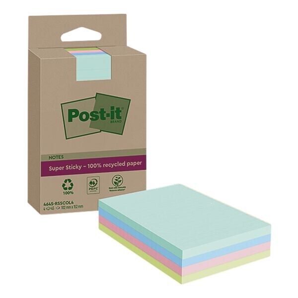 Post-it Notes notes repositionnables Super Sticky Recycling Notes 10,2 x 15,2 cm, 180 feuilles au total, couleurs assorties