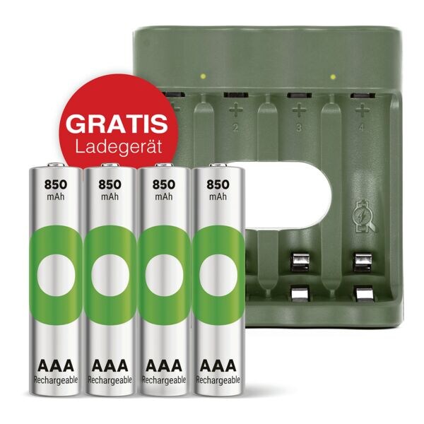 GP Batteries Action : 4 piles rechargeables Micro AAA 850 mAh avec chargeur USB « GP M452 » GRATUIT