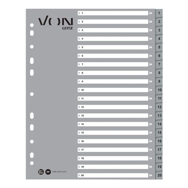 VON by Leitz intercalaires extra large, 1-20 20 divisions, gris / onglets unicolores