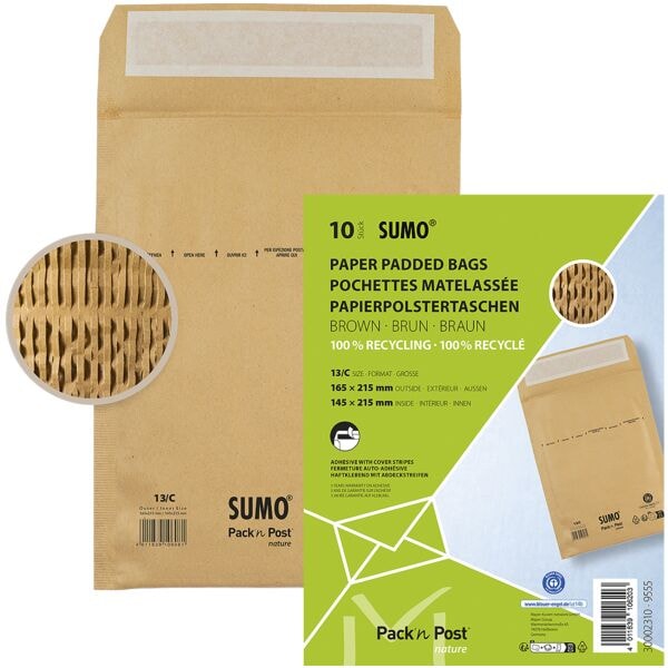 Mailmedia 10 pochettes d'expdition - rembourrage papier SUMO® SU1513, 16,5x21,5 cm, en petit paquet