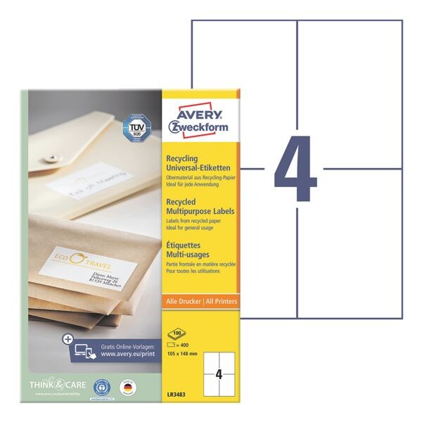 Avery Zweckform tiquettes universelles recycles A6 permanent blanc naturel 105x148 mm 400 pices LR3483