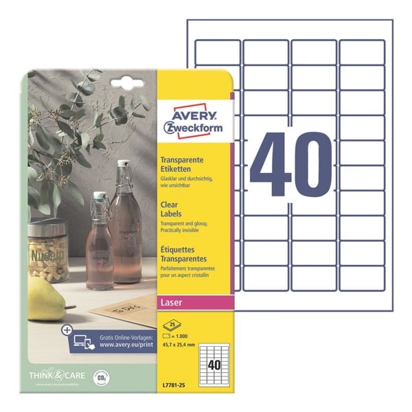 Avery Zweckform tiquettes transparentes 45,7x25,4 mm  L7781-25  1000 pices