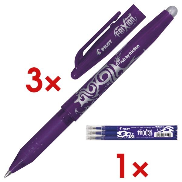 3x Stylo roller Pilot Frixion Ball 0.7, gommable avec Paquet de 3 mines pour stylo roller « Frixion »