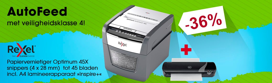 Rexel Papiervernietiger Optimum AutoFeed 45X incl. A4-lamineerapparaat Inspire+