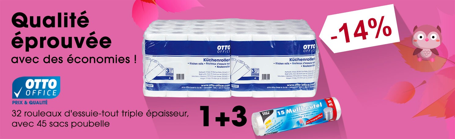 OTTO Office Rouleaux d'essuie-tout triple paisseur, 32 rouleaux (8 paquets de 4 rouleaux) avec 45 sacs poubelle (3 rouleaux de 15 pices)