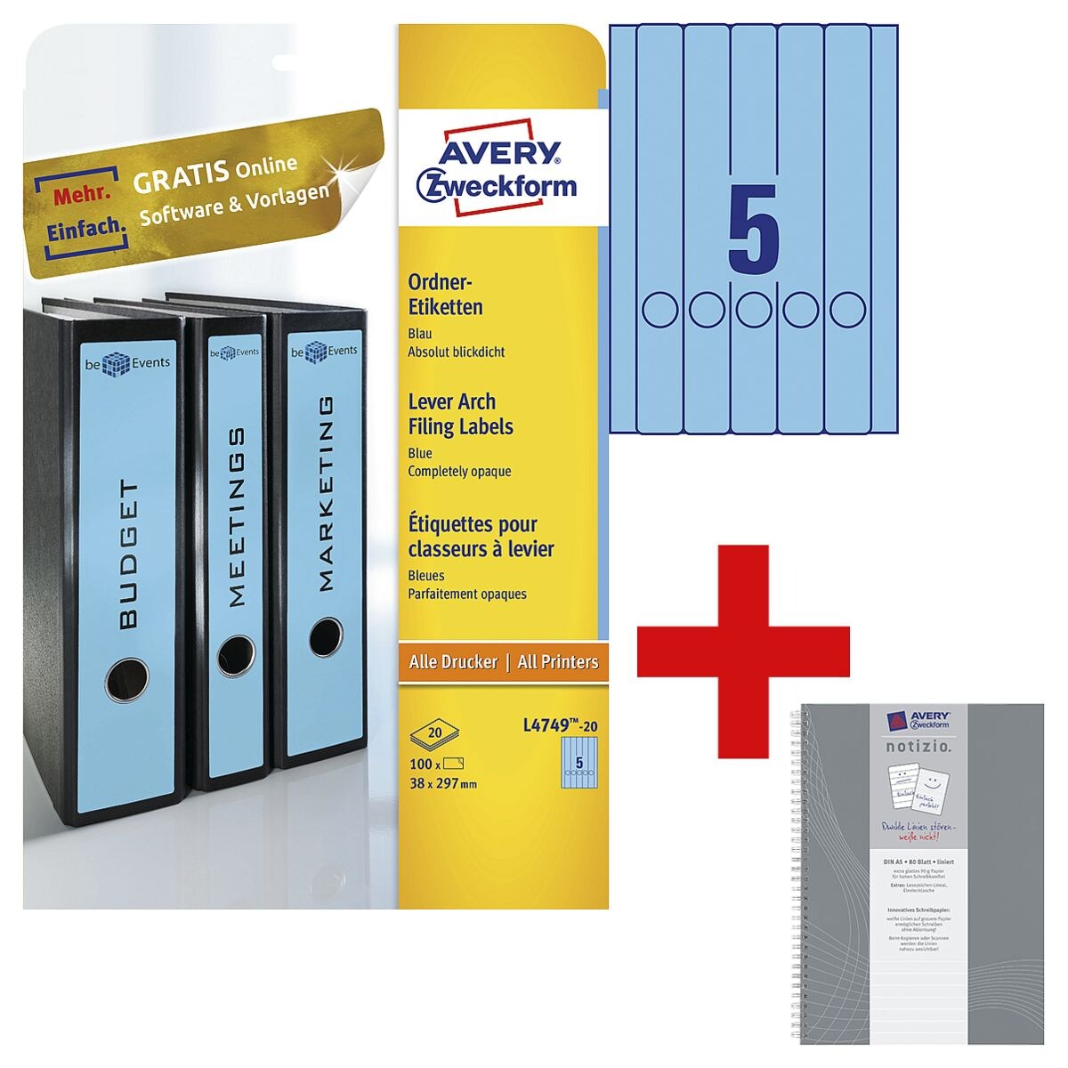 Avery Zweckform 100er Pack selbstklebende Ordnerrücken-Etiketten inkl. Notizbuch »Notizio«
