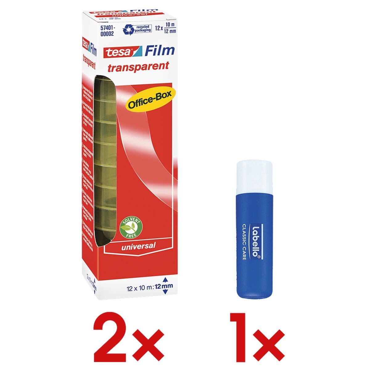 2x tesa Klebeband Office Box, transparent, 24 Stück, 12 mm/10 m inkl. Lippenpflegestift »Labello Classic«