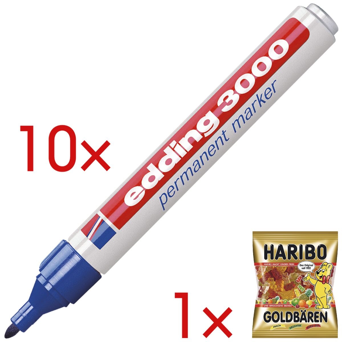 10x edding Permanent Marker 3000 - Rundspitze, Strichstrke 1,5  - 3,0 mm (XB) inkl. Fruchtgummi Goldbren