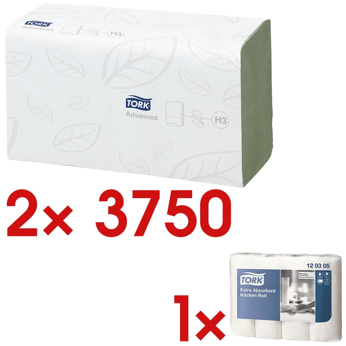 2x Papierhandtücher Tork ZigZag 2-lagig, grün, 25 cm x 23 cm aus Tissue mit Z-Falzung - 7500 Blatt gesamt inkl. Küchenrollen »Premium« 3-lagig, 4 Rollen