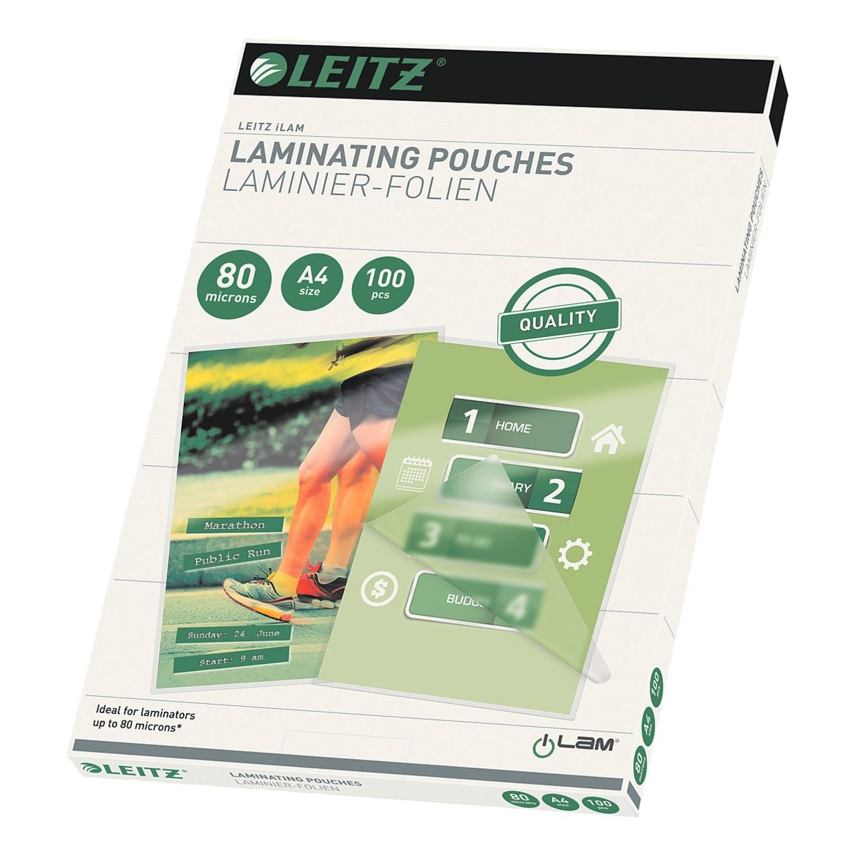 LEITZ 100 Stück Laminierfolien 33818, Oberfläche: glänzend, für Format: A4, Eigenschaften: abgerundete Ecken 216x303 mm 80 mic, für Format: A4, Maße, cm (B/H): 21,6/30,3, Inhalt pro Pack: 100 Stück