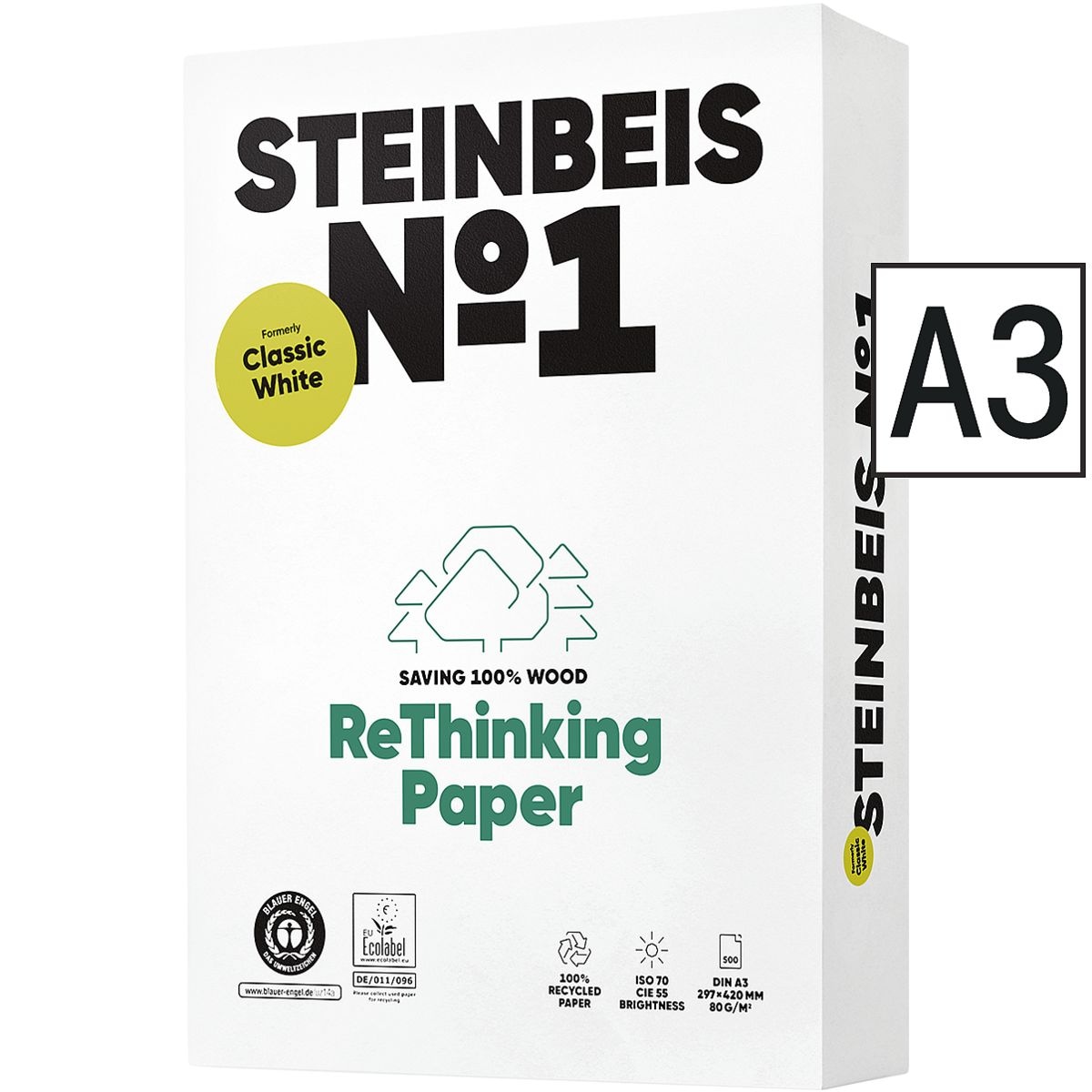 Recyclingpapier A3 Steinbeis Classic White - 500 Blatt gesamt, 80g/qm