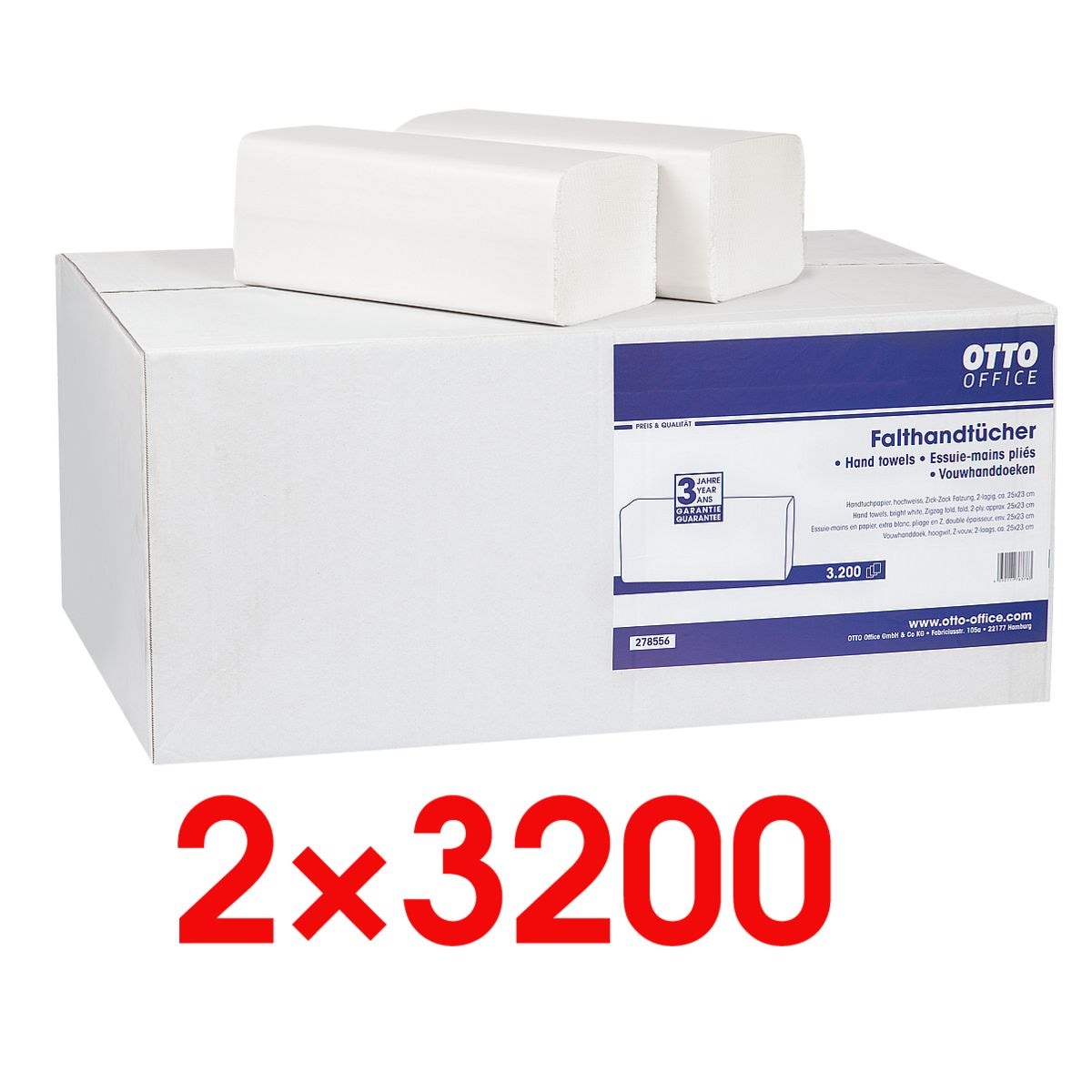 2x Papierhandtücher OTTO Office 2-lagig, weiß, 25 cm x 23 cm aus Tissue mit Z-Falzung - 6400 Blatt gesamt