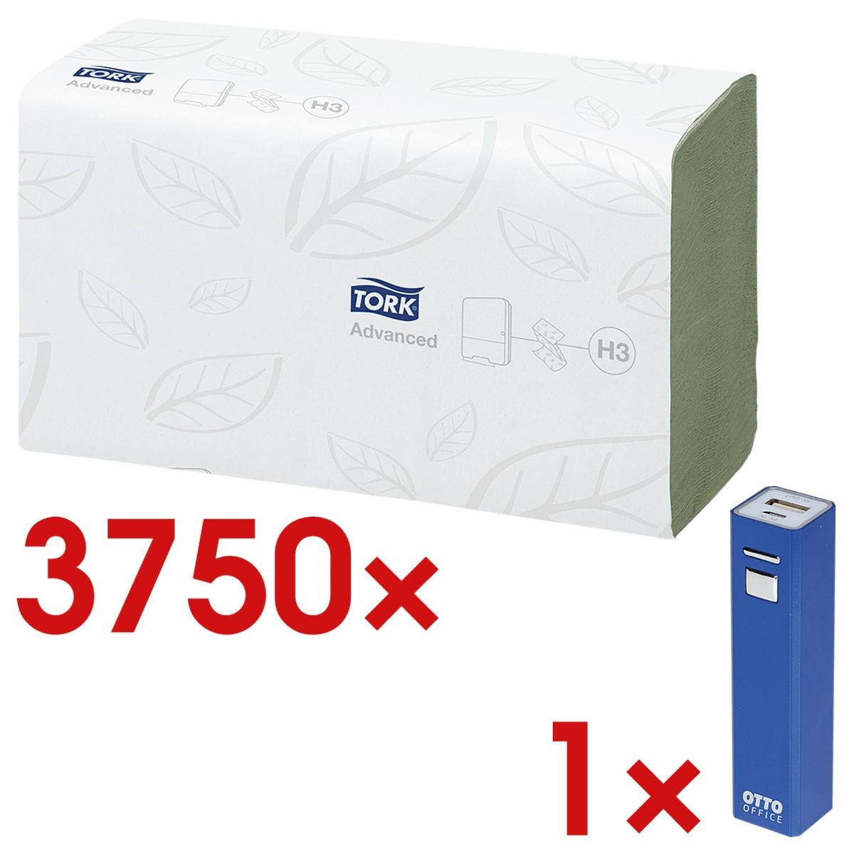 Papierhandtücher Tork ZigZag 2-lagig, grün, 25 cm x 23 cm aus Tissue mit Z-Falzung - 3750 Blatt gesamt inkl. Powerbank »2600mAh«